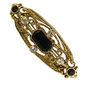 Art Deco Pin Brooch Gold Tone Faux Black Onyx Clear Rhinestone Vintage Jewelry